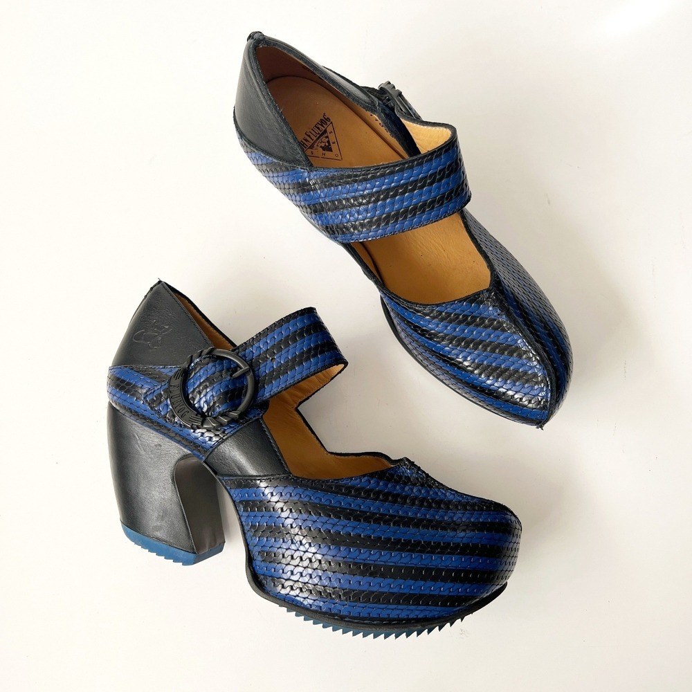 John Fluevog Mary Janes Heels 7.5 Blue Black Prepare Leader Striped Leather